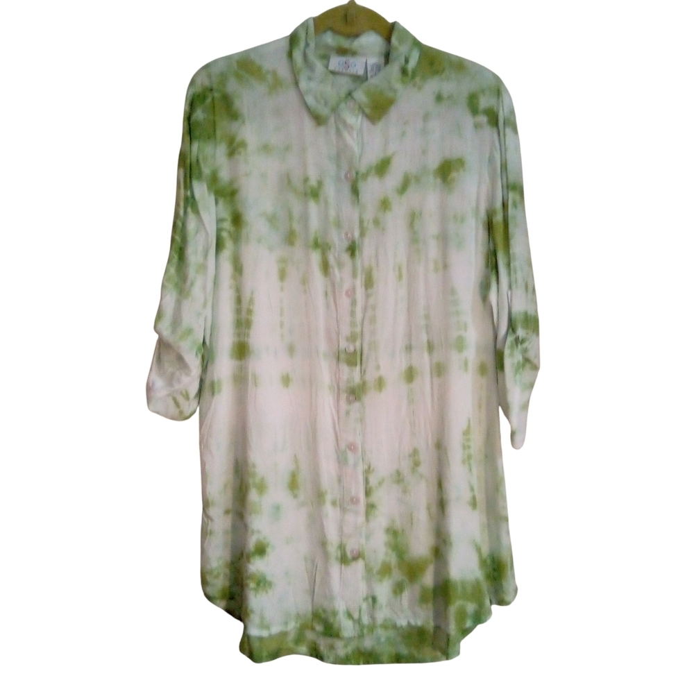 OSO Casuals Tunic Large Tie Dye Boho Hippie Beach Roll Tab Sleeve Green White
